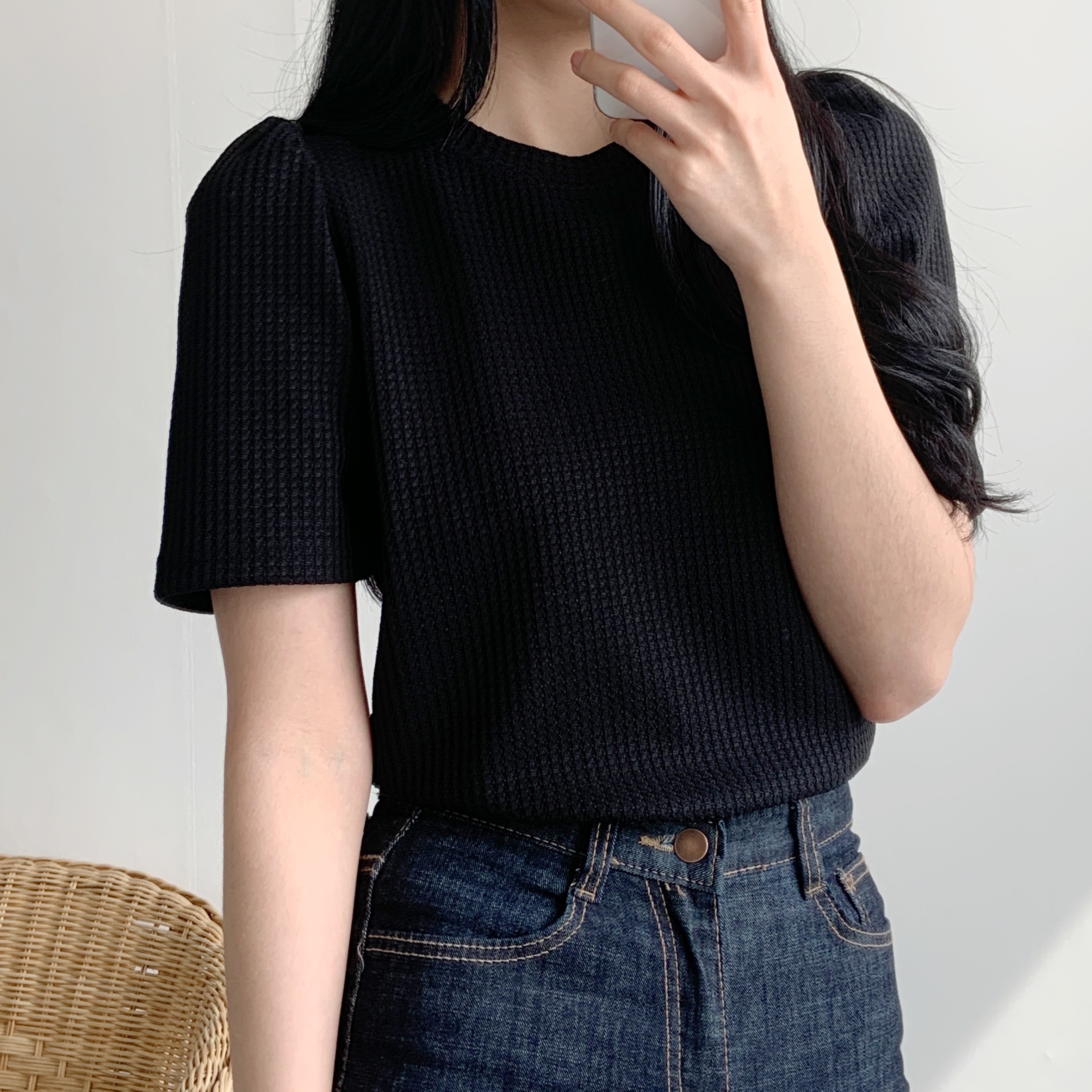 配色ワッフルパフ半袖Tシャツ | 詳細画像5