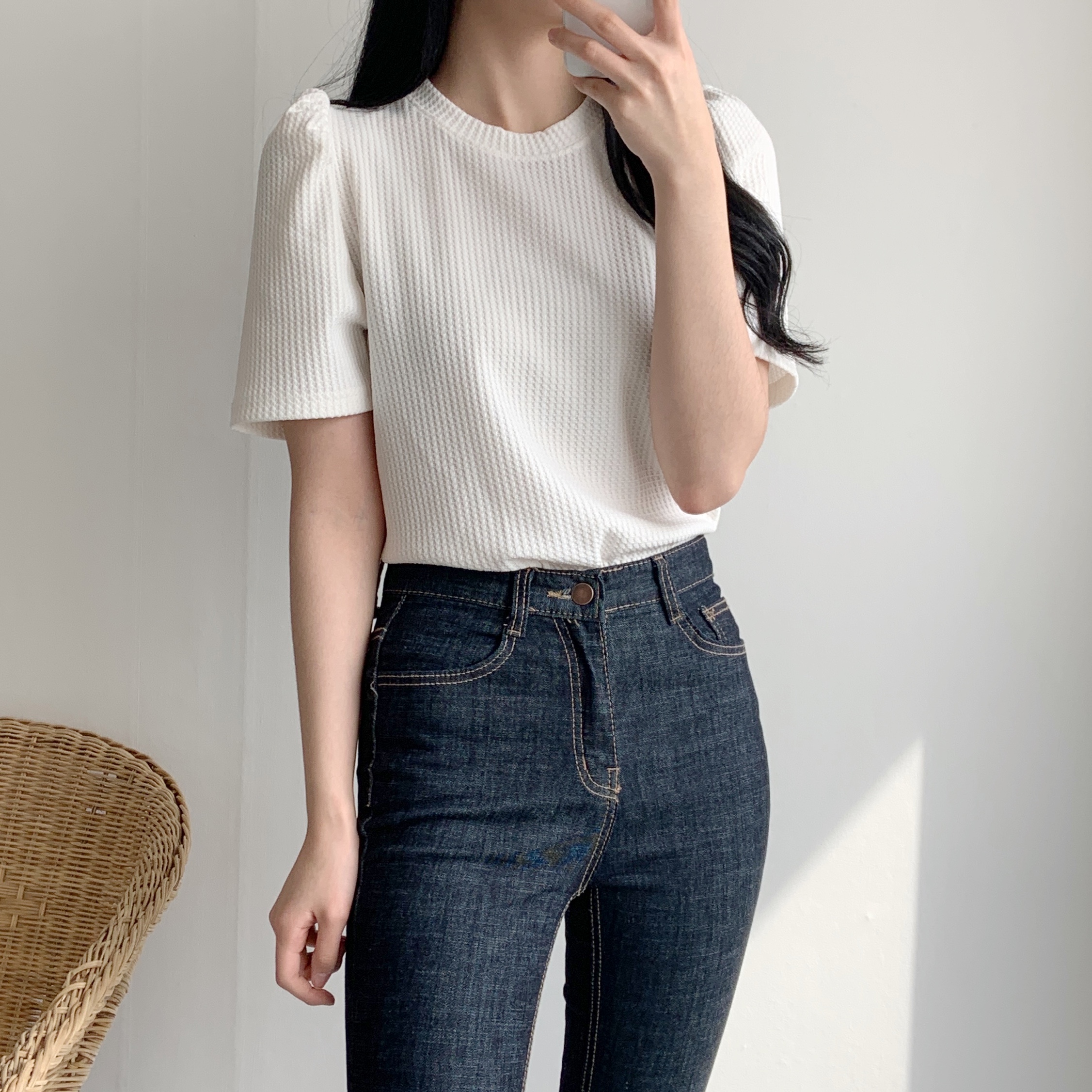 配色ワッフルパフ半袖Tシャツ | 詳細画像3