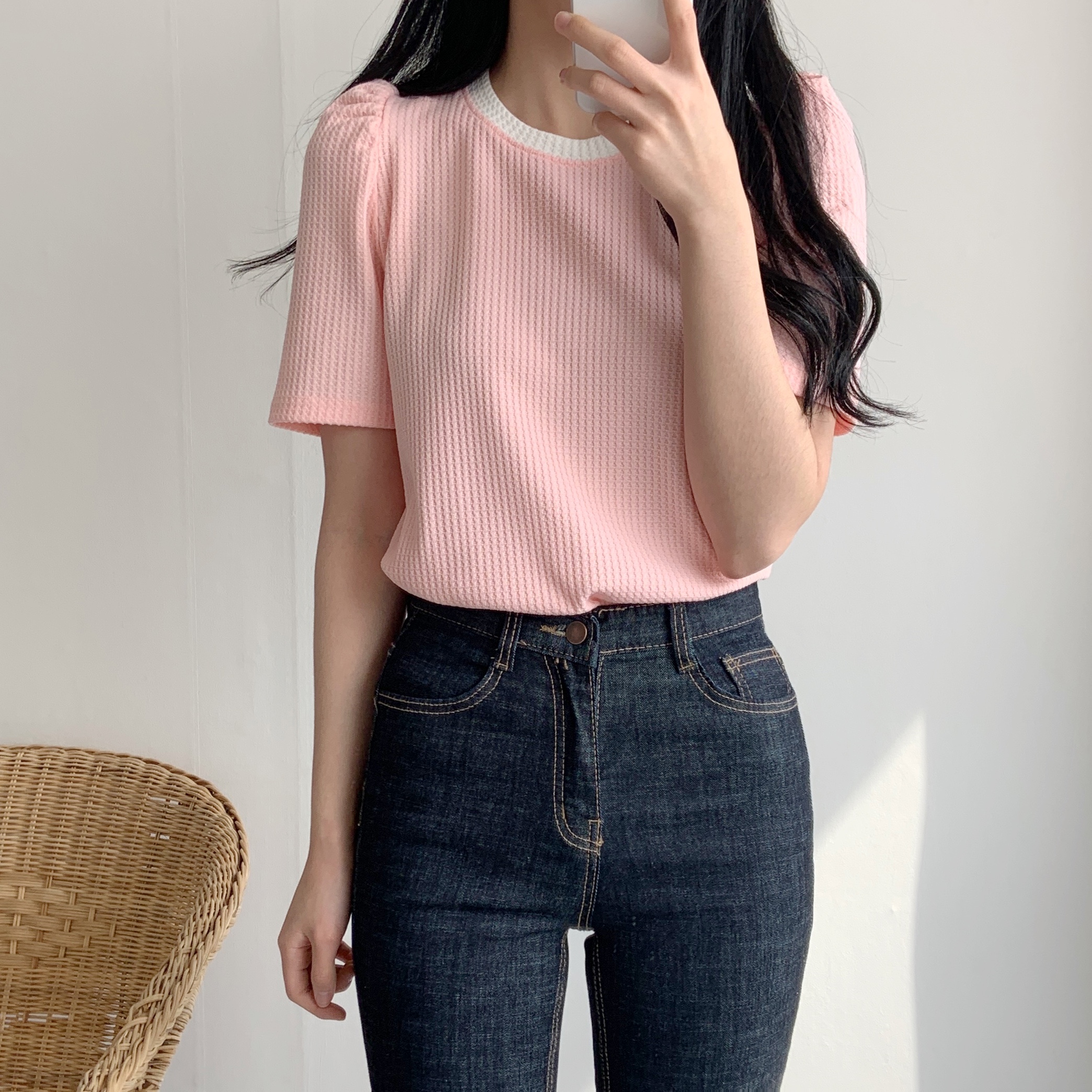 配色ワッフルパフ半袖Tシャツ | 詳細画像7
