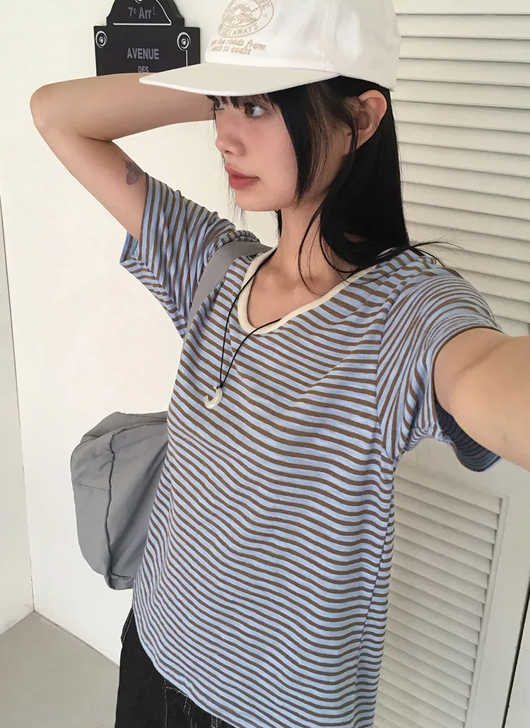 ビンテージボーダーVネック半袖Tシャツ | WONDERWONDER | 詳細画像1