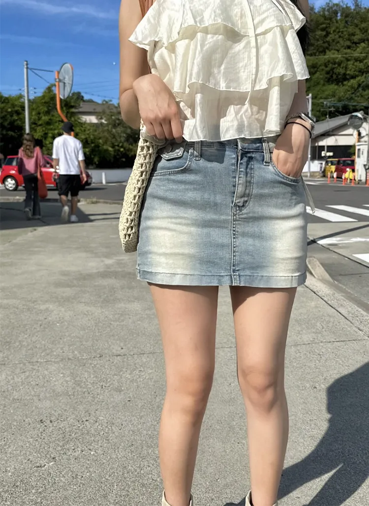 2ボタンビンテージウォッシュミニデニムスカートパンツ | yefit | 詳細画像1