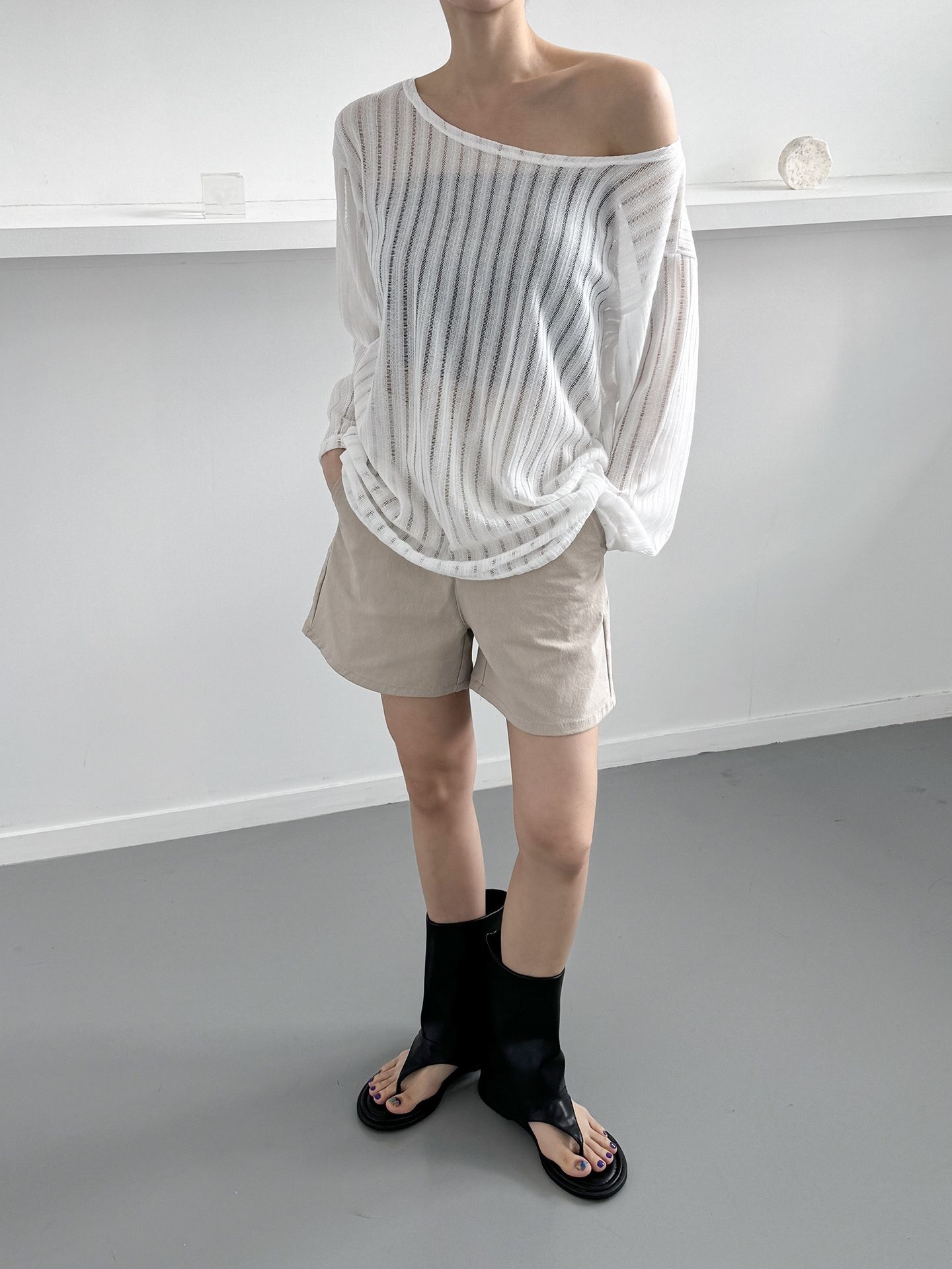 2WAYネックストライプシアールーズTシャツ | 詳細画像4