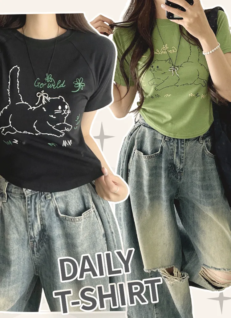 キャットペイントクロップド半袖Tシャツ | withhuilin | 詳細画像1