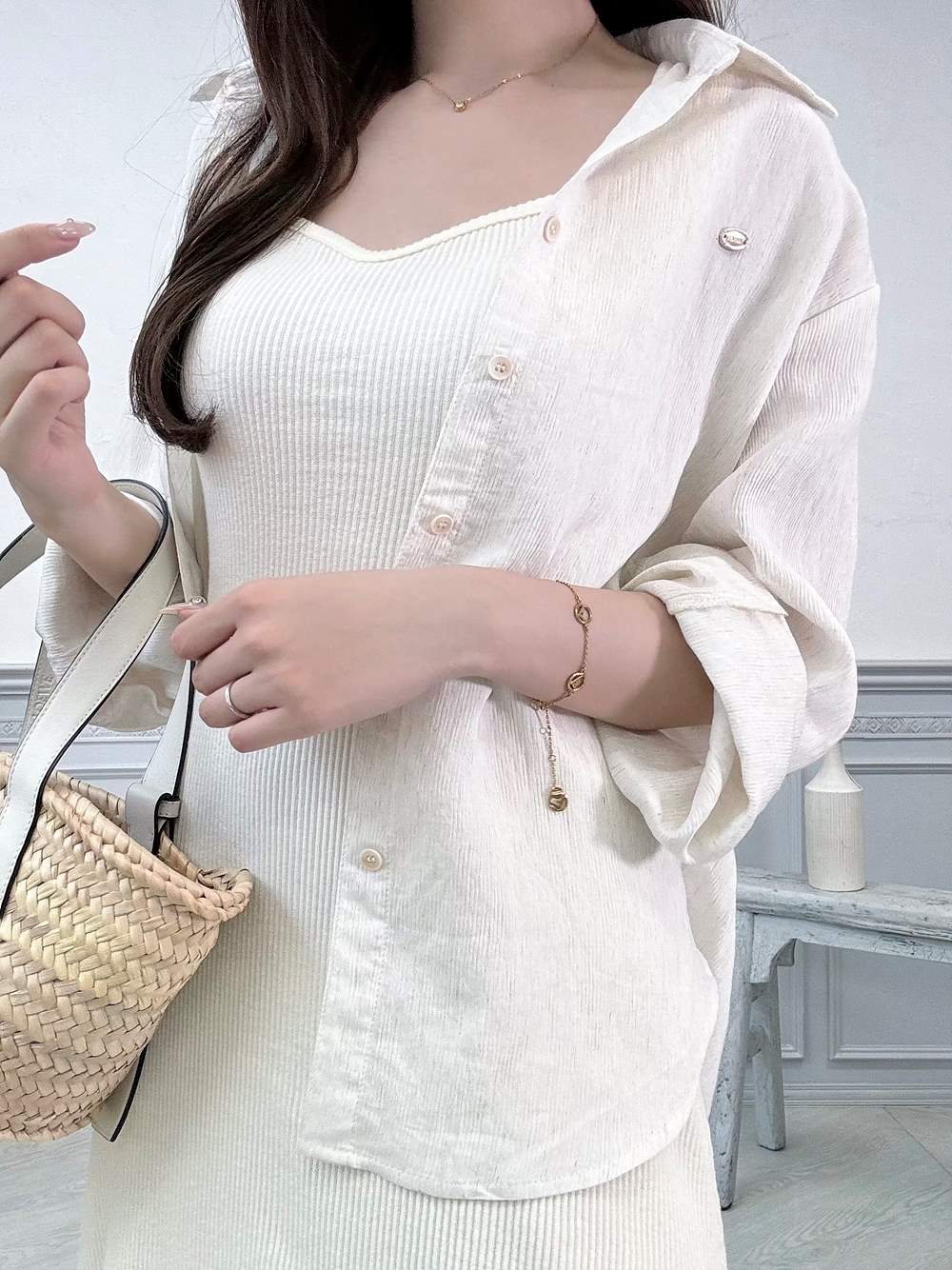 リネン混ゴールドプレートリンクルサマーシャツ | 詳細画像12