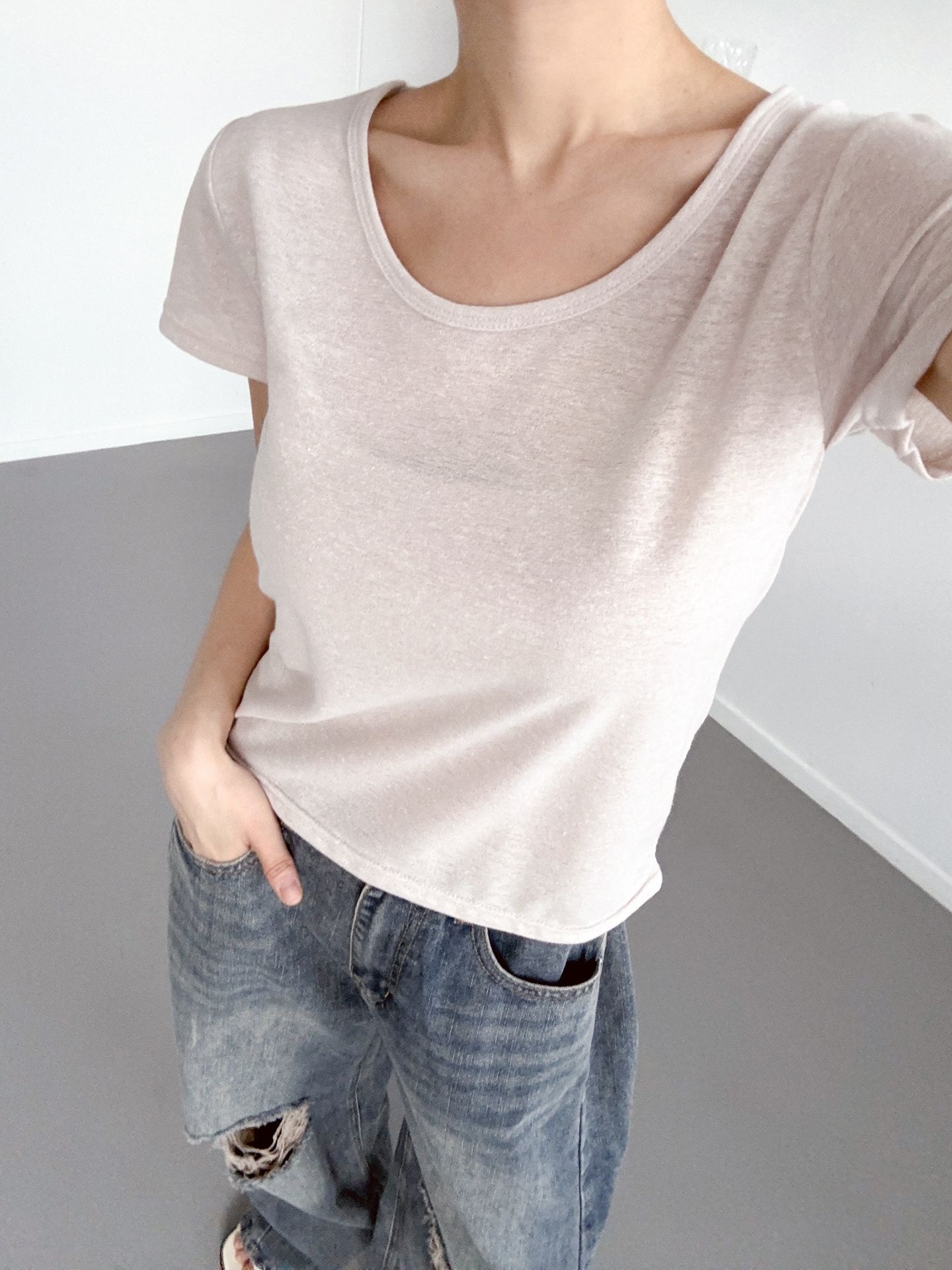 リネン混Uネック半袖Tシャツ | 詳細画像5