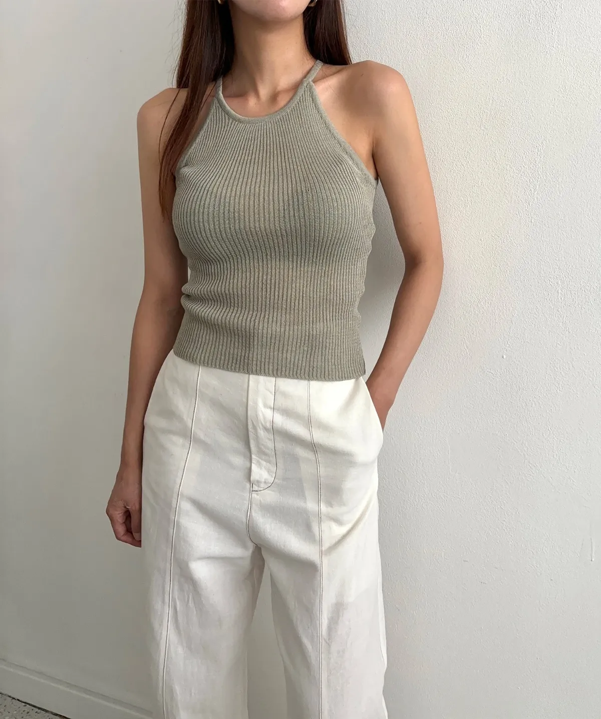 リネン混ホルターネックリブニットキャミソール | 詳細画像1