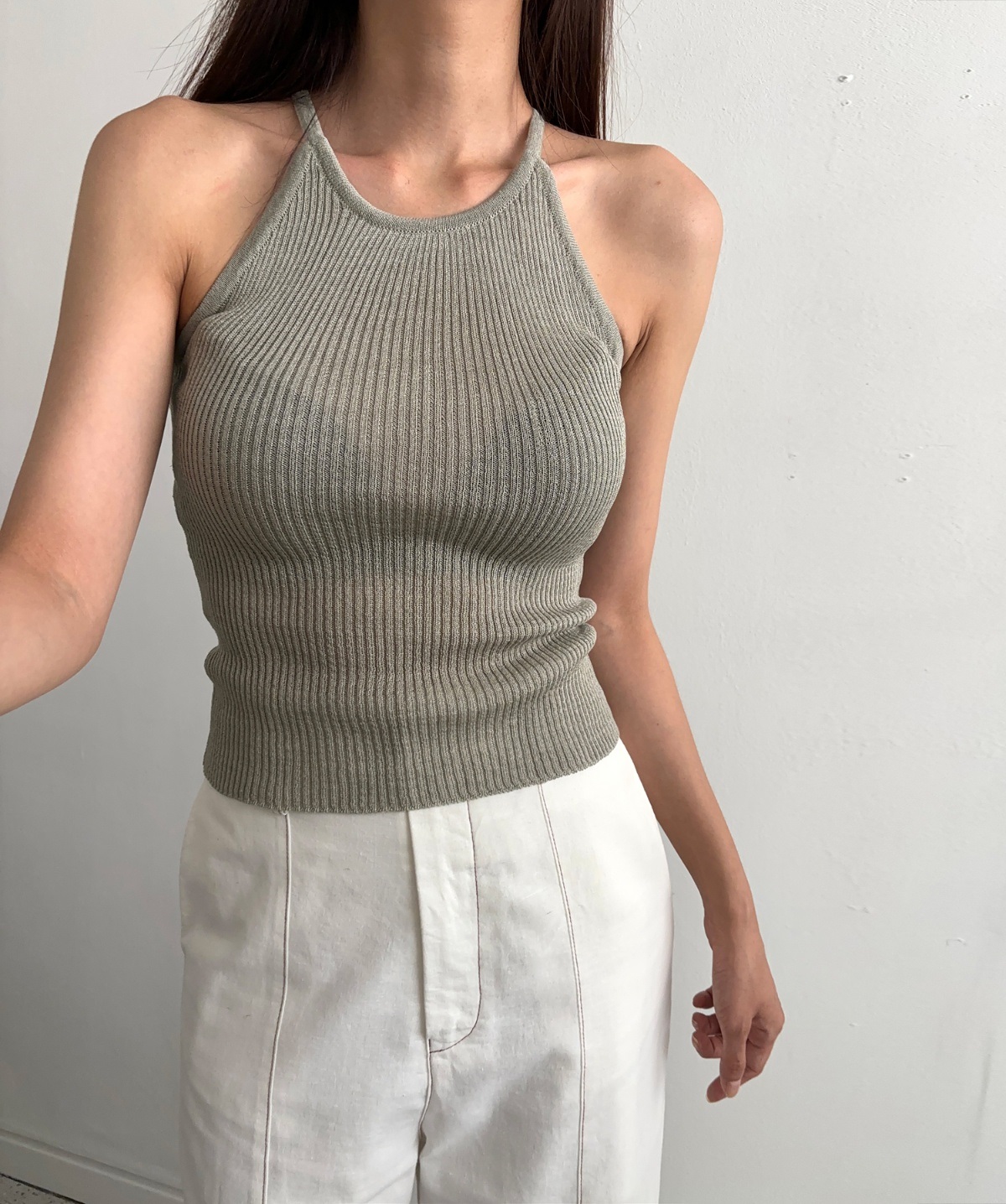 リネン混ホルターネックリブニットキャミソール | 詳細画像3