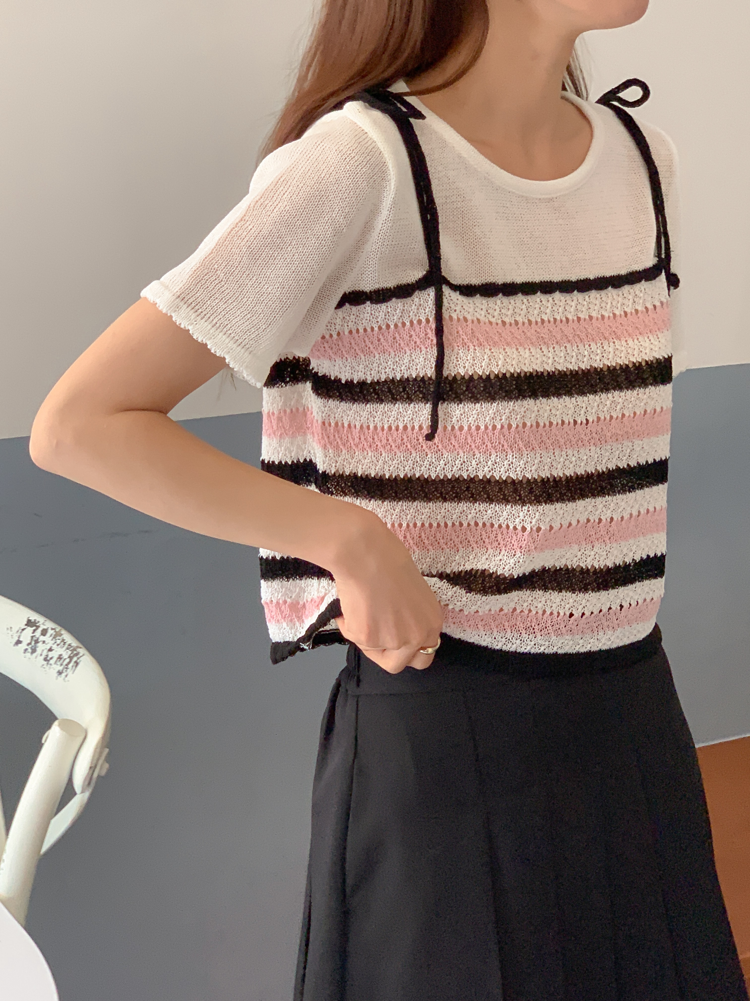 配色ボーダービスチェレイヤード風半袖ニット | 詳細画像3