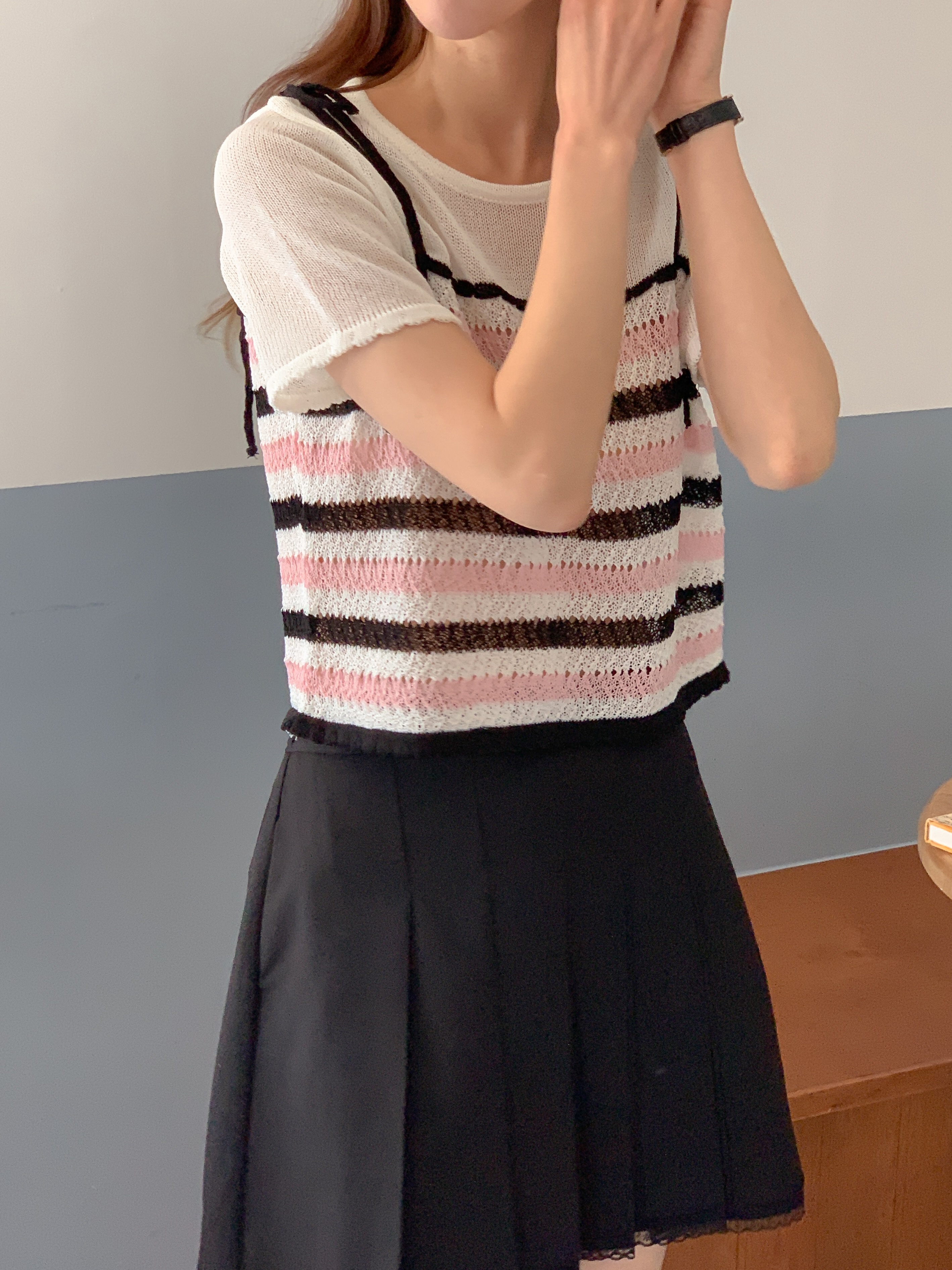 配色ボーダービスチェレイヤード風半袖ニット | 詳細画像10