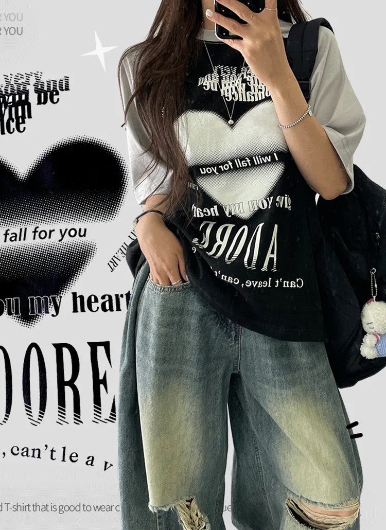 ハートレタリングラグラン配色ボクシーTシャツ | withhuilin | 詳細画像1