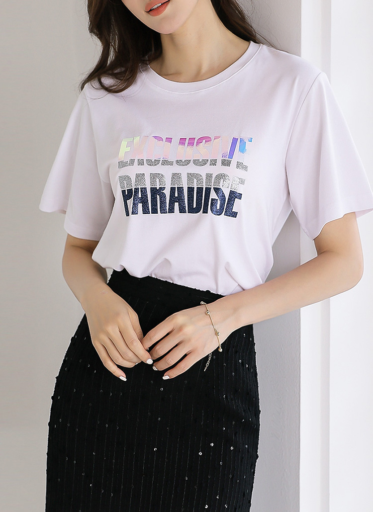 ホログラムラメレタリング半袖Tシャツ | レディースファッション ホログラムラメレタリング半袖Tシャツ | レディースファッション