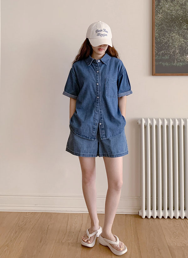 美品  デニムシャツワンピース 半袖 ワンポケ半袖デニムシャツ | レディースファッション通販 - DHOLIC