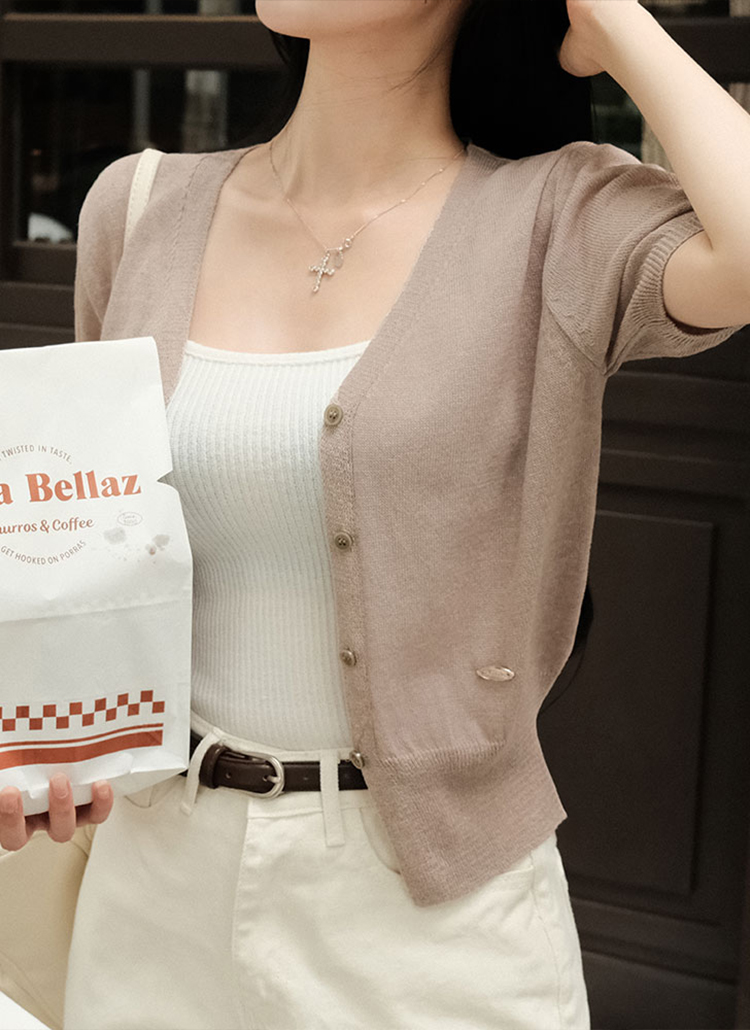 beidelli made]リネン混Vネック半袖ニットカーディガン | レディース