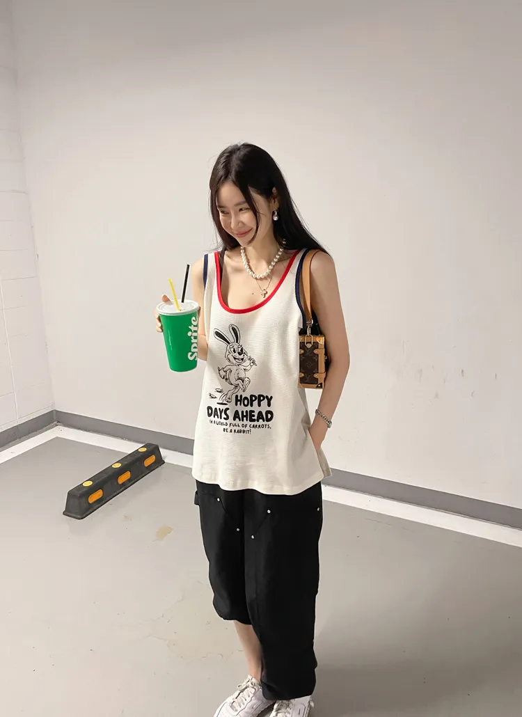 Rabbitルーズワッフル配色タンクトップ | partysu | 詳細画像1