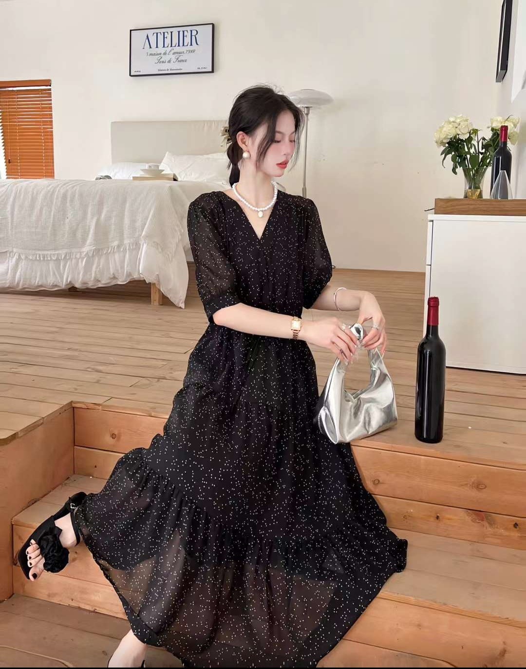 カシュクールドロストティアードミニドットワンピース