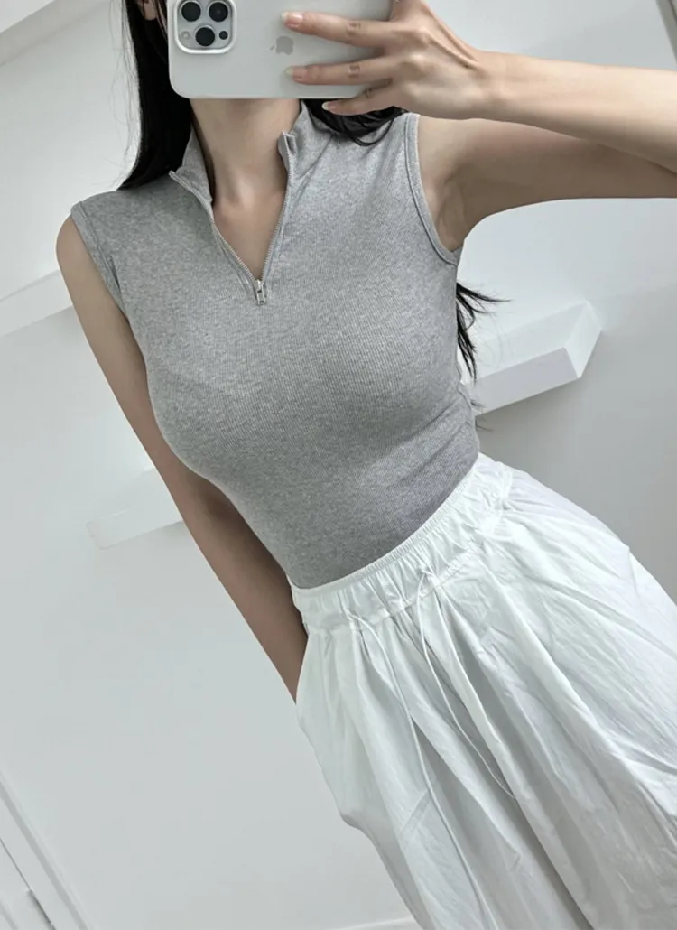 ハーフネックジップリブノースリーブ | yefit | 詳細画像1
