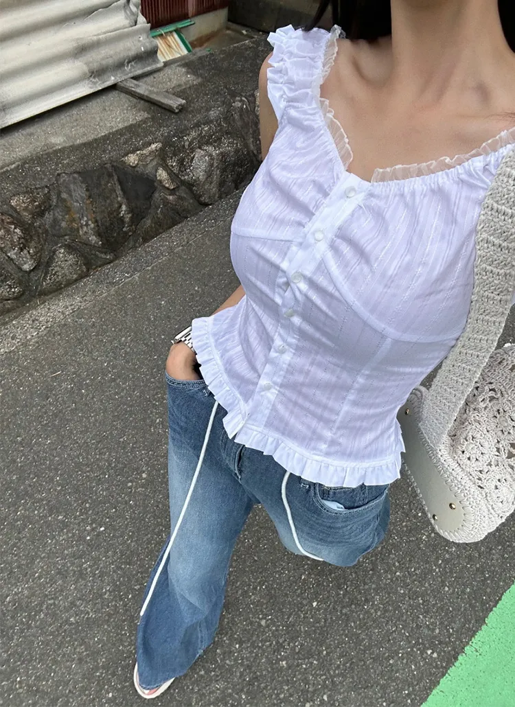 レースフリルオフショルノースリブラウス | yefit | 詳細画像1
