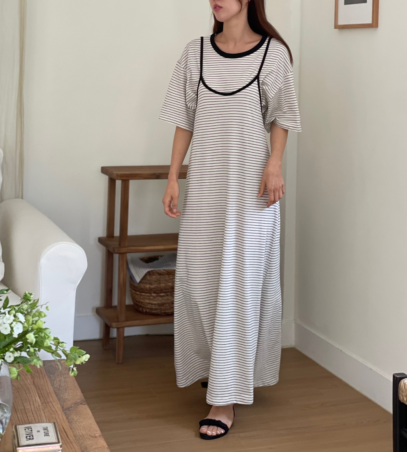 配色ボーダー半袖Tシャツ&バックリボンキャミワンピースSET