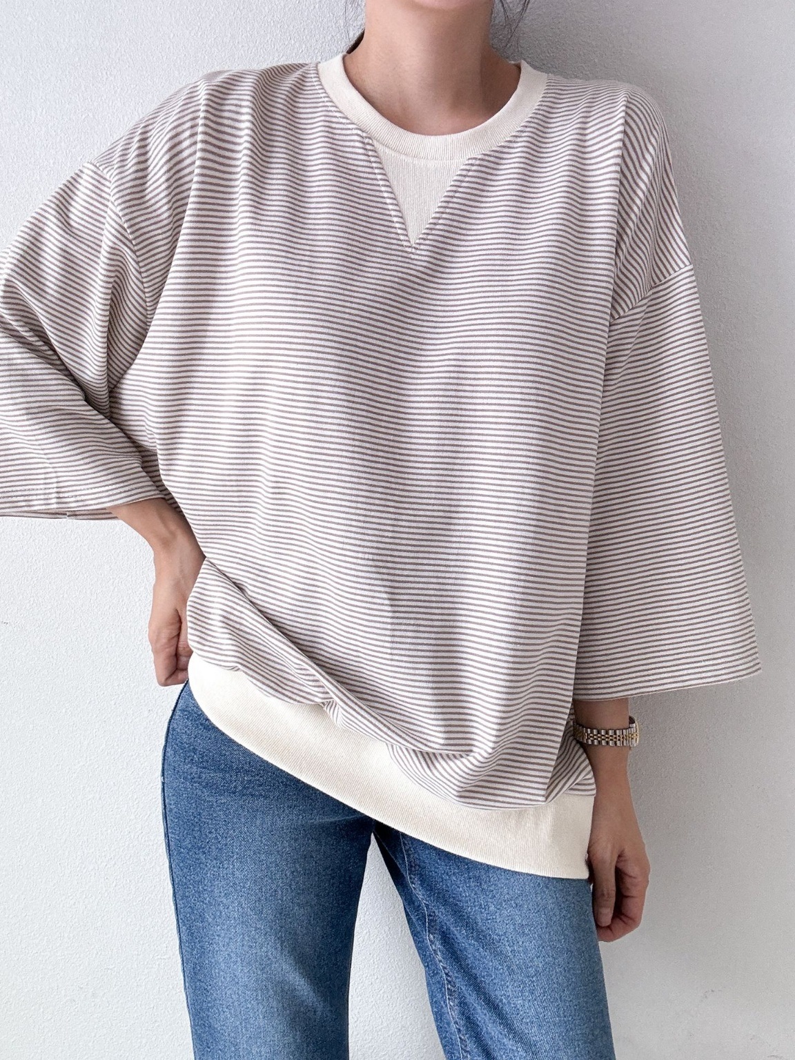 Vガゼットリブヘム7分袖Tシャツ | 詳細画像3