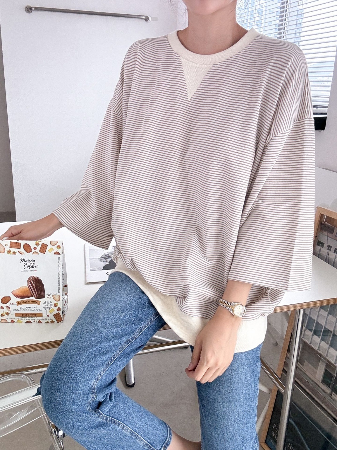 Vガゼットリブヘム7分袖Tシャツ | 詳細画像17