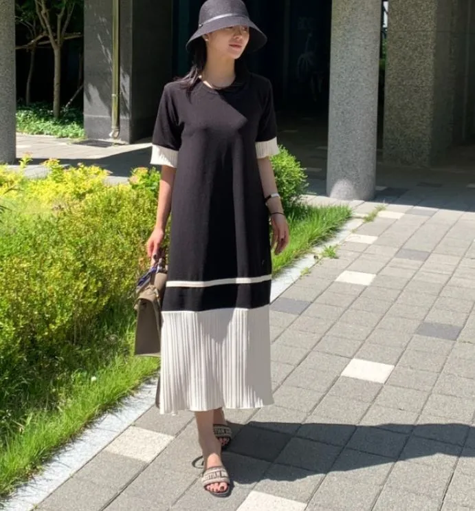 配色プリーツヘム半袖ワンピース | 詳細画像1