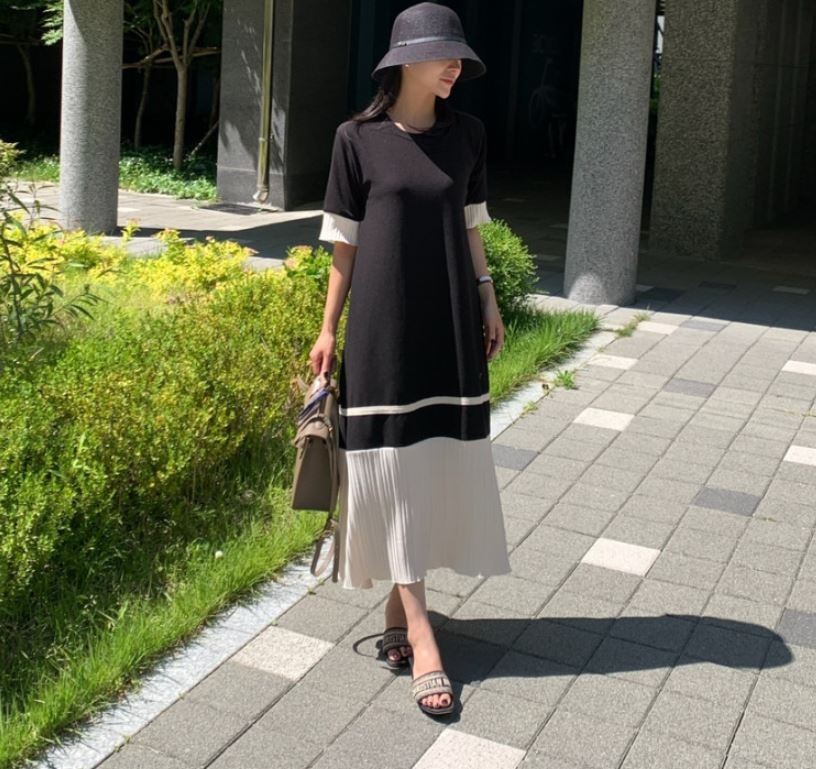 配色プリーツヘム半袖ワンピース | 詳細画像2