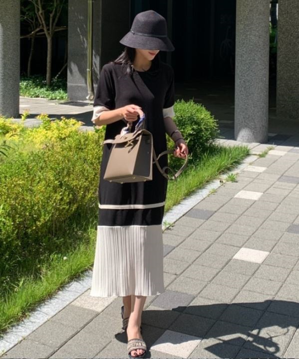 配色プリーツヘム半袖ワンピース | 詳細画像3