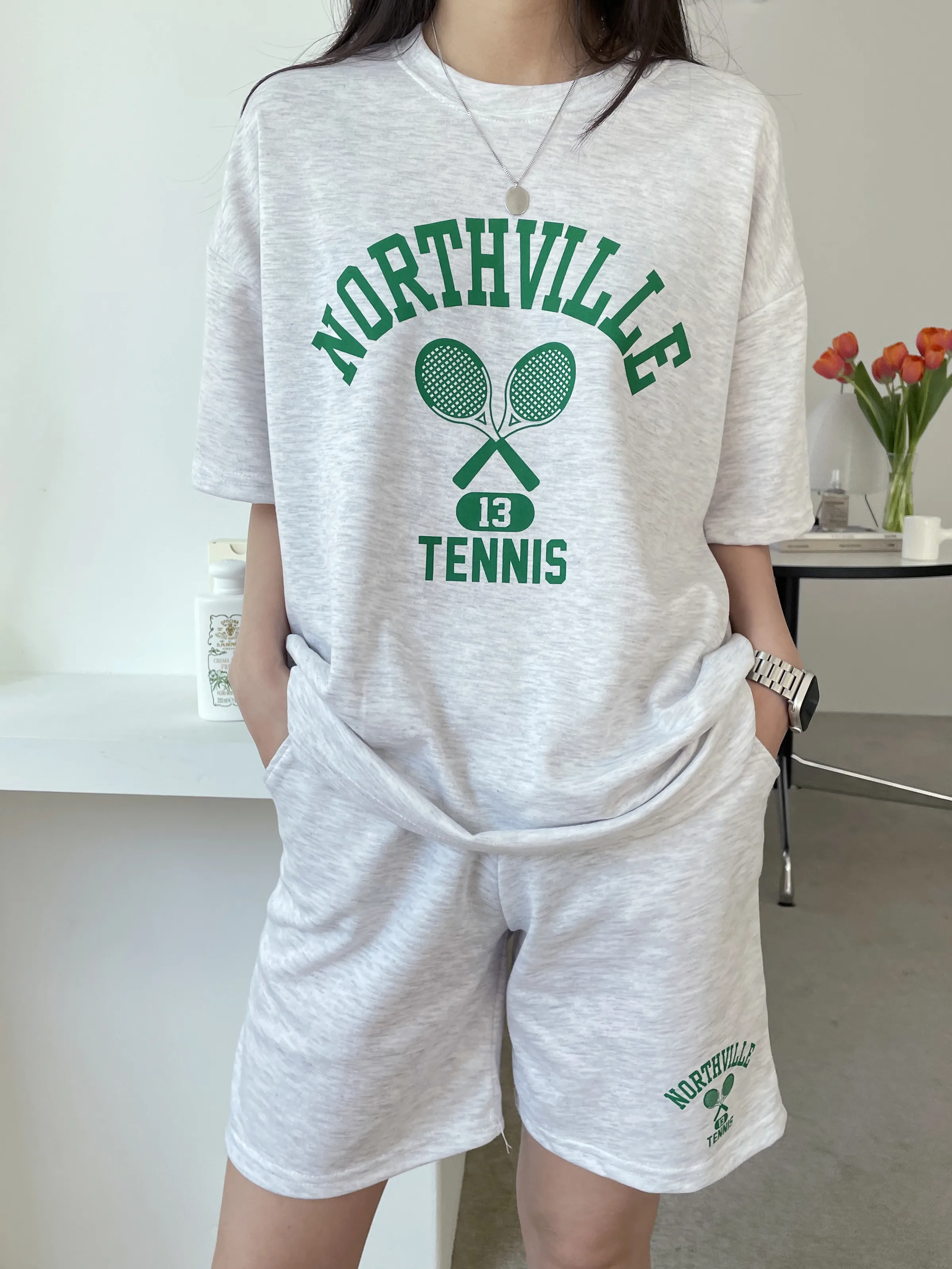 TENNISプリント半袖Tシャツ&ウエストゴムショートパンツSET | 詳細画像1