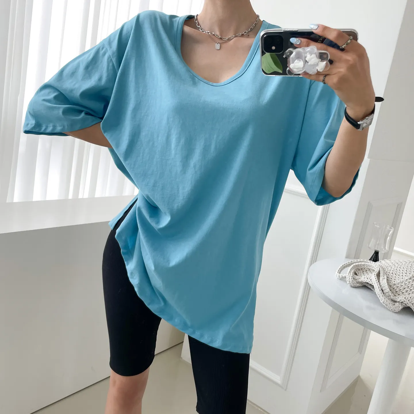 Uネックスリットロング6分袖Tシャツ | 詳細画像1