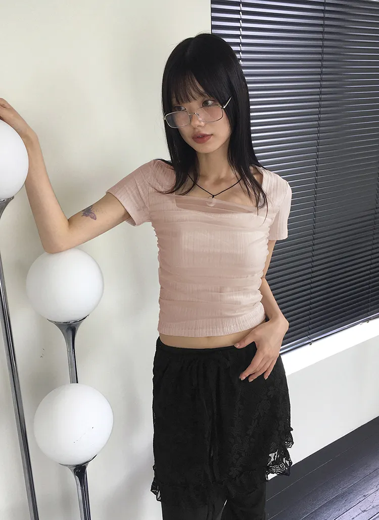 シフォンルスクエアネック半袖リブTシャツ | WONDERWONDER | 詳細画像1