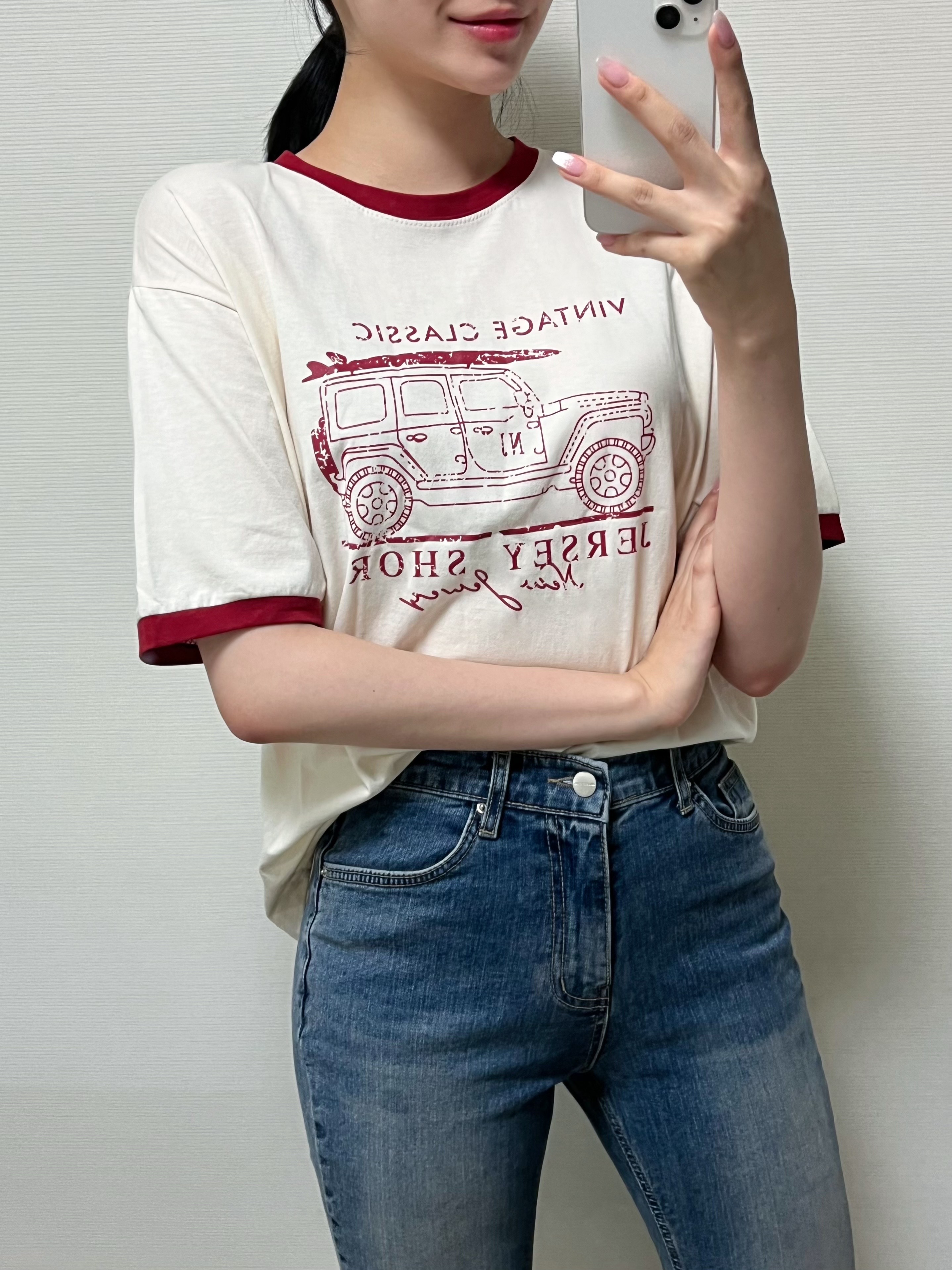 ビンテージプリント半袖リンガーTシャツ | レディース