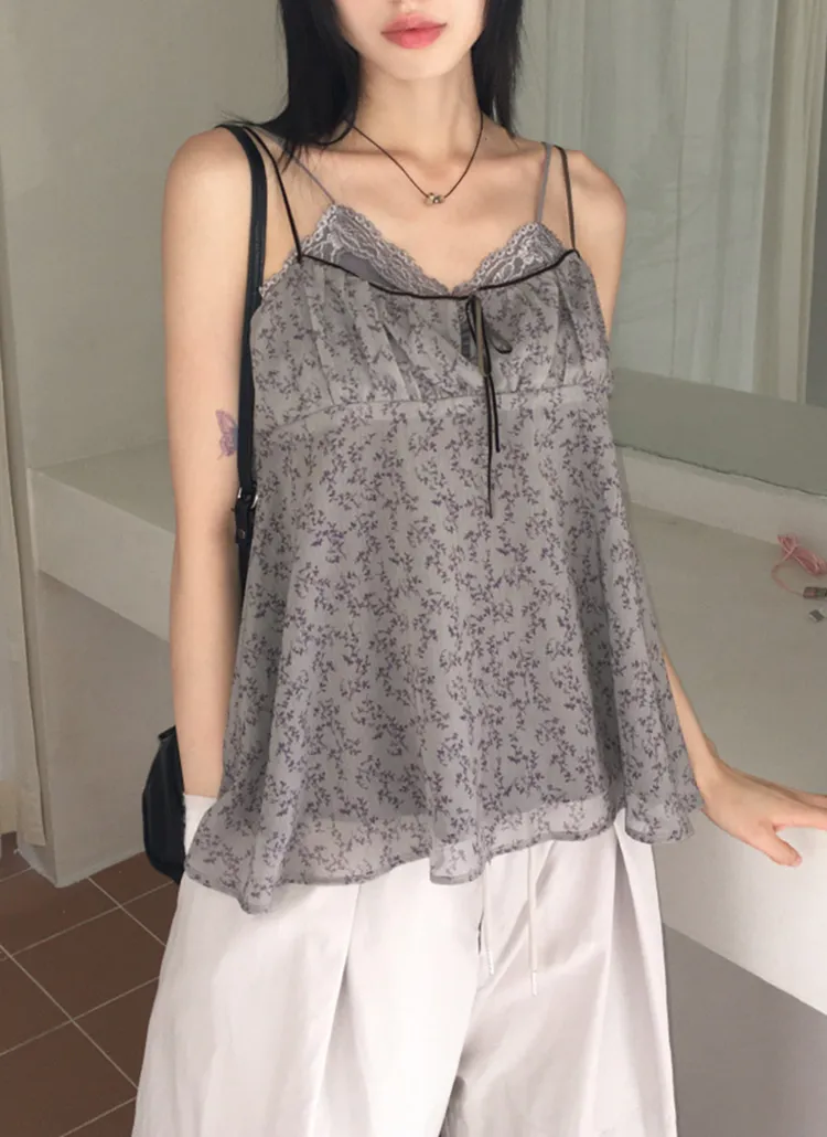 配色リボンギャザー花柄シフォンキャミブラウス | WONDERWONDER | 詳細画像1