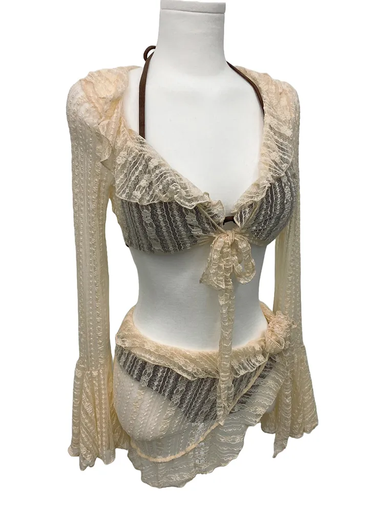 フリルレースカバーアップ付ホルターリブ三角ビキニ | WONDERWONDER | 詳細画像1