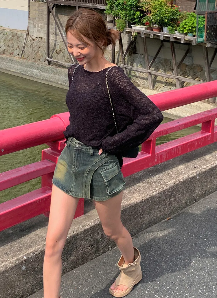 ビンテージアーチラップカーゴデニムスカートパンツ | mingpiece | 詳細画像1
