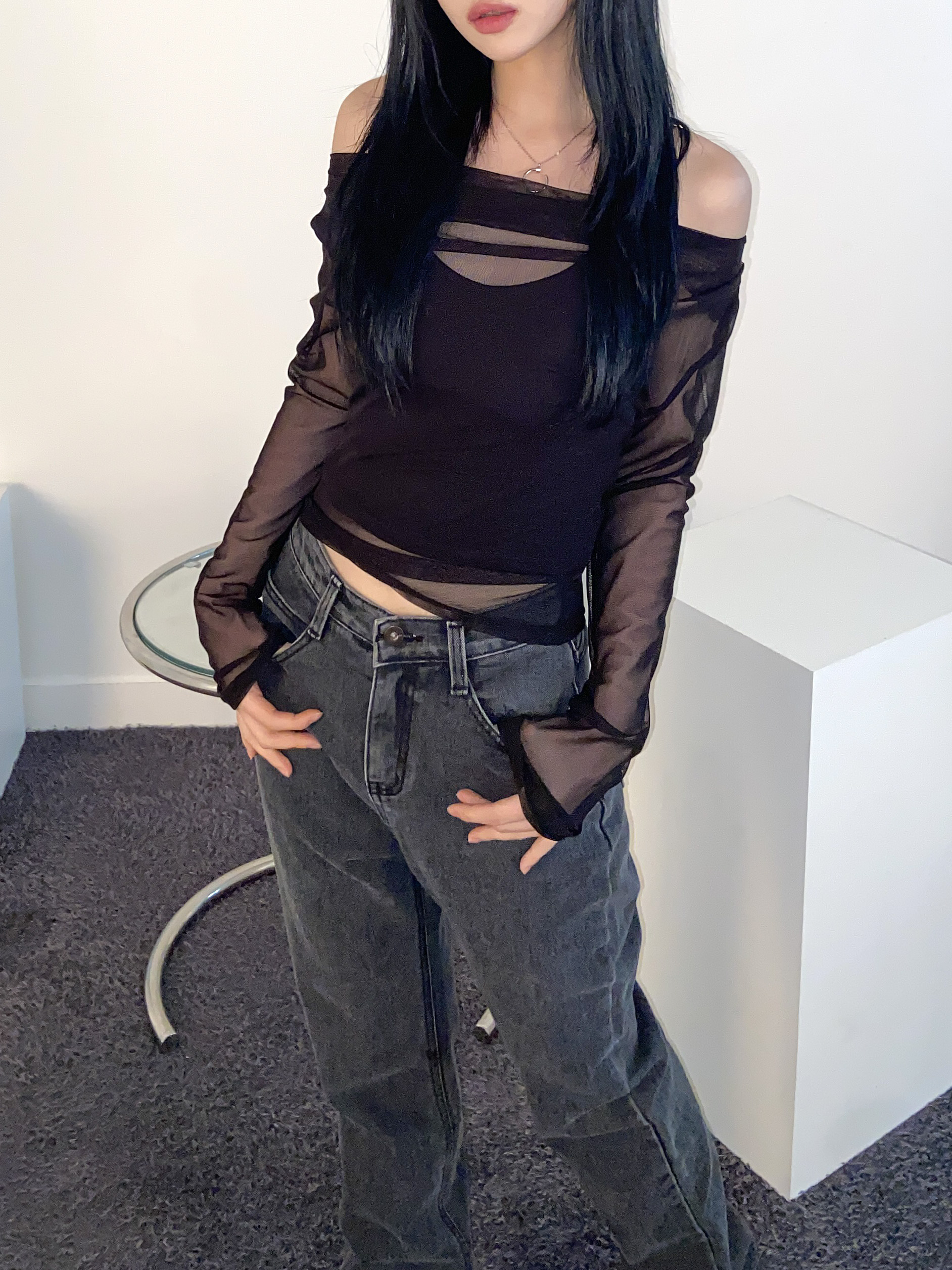 シースルーオフショルダー長袖Tシャツ | 詳細画像8