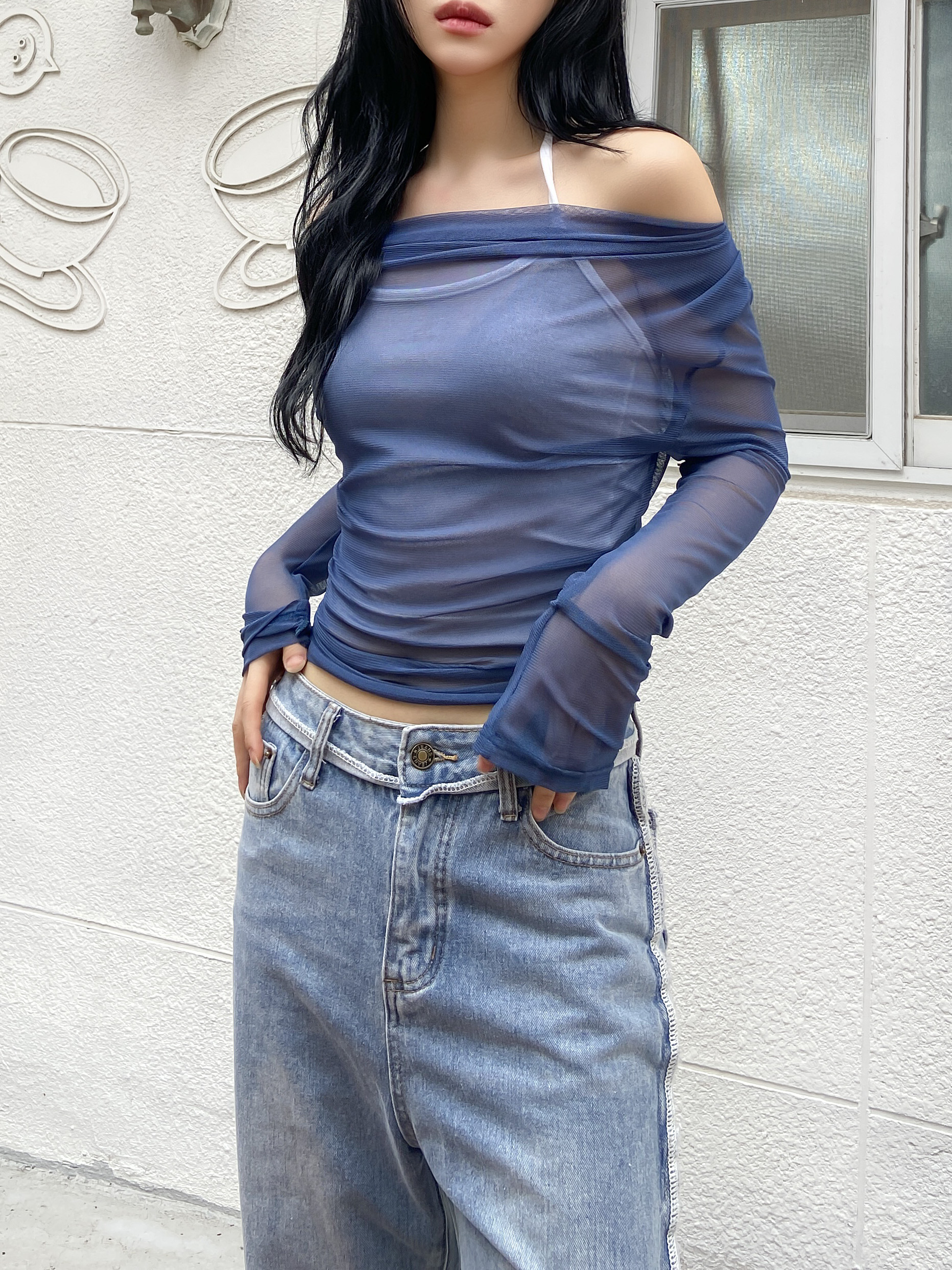 シースルーオフショルダー長袖Tシャツ | 詳細画像14