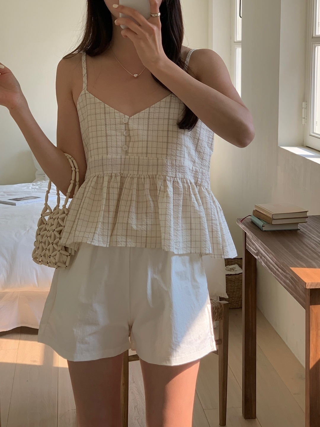 ボタンVネックペプラムチェックキャミブラウス | 詳細画像2