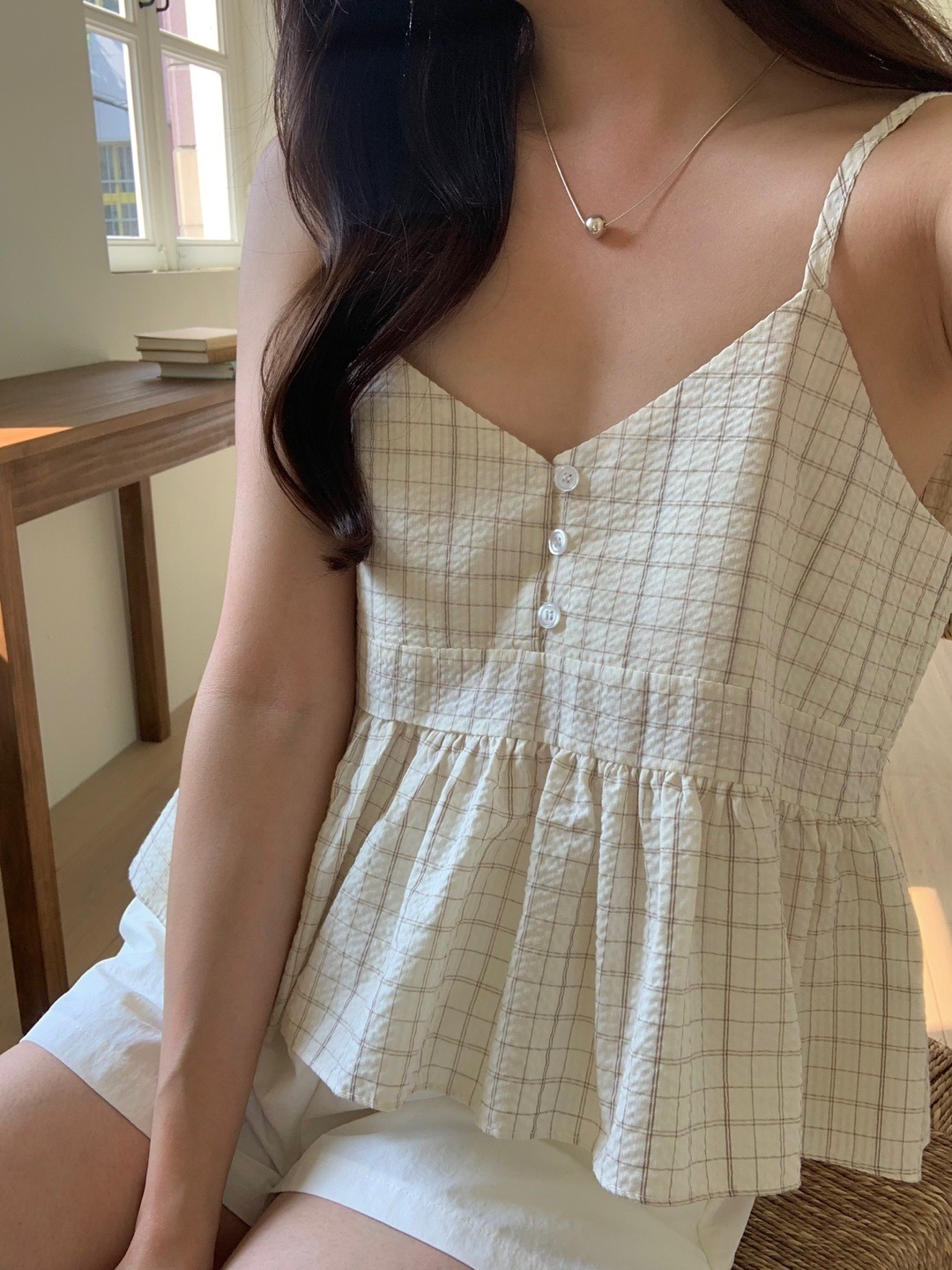 ボタンVネックペプラムチェックキャミブラウス | 詳細画像5