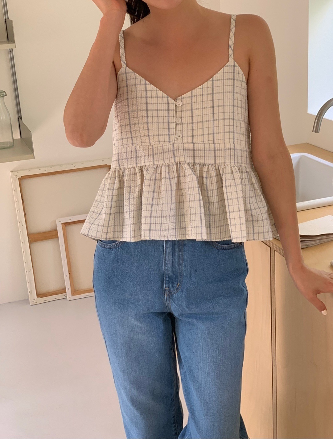 ボタンVネックペプラムチェックキャミブラウス | 詳細画像10