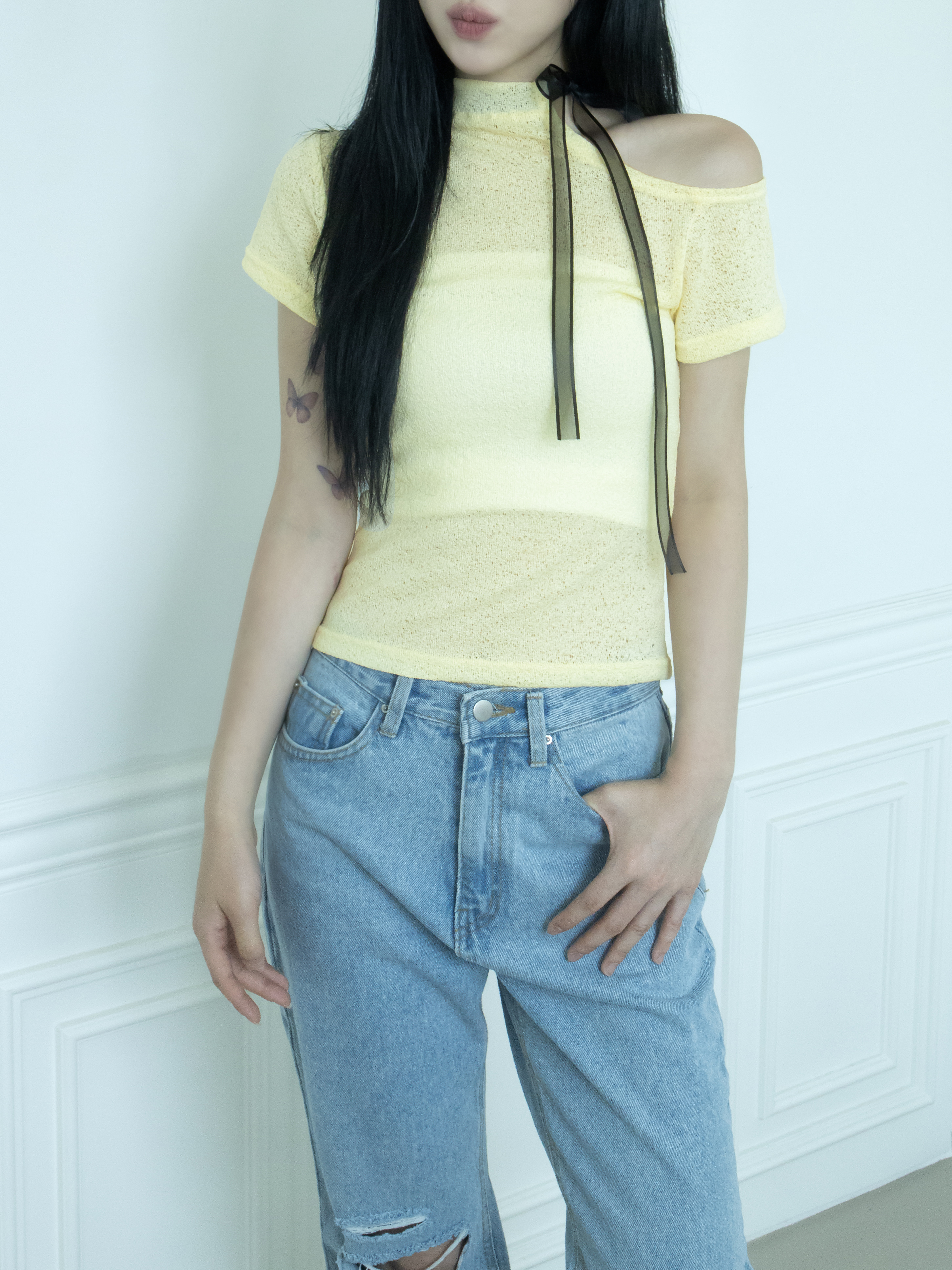 リボンハーフネックワンショル半袖Tシャツ | 詳細画像9