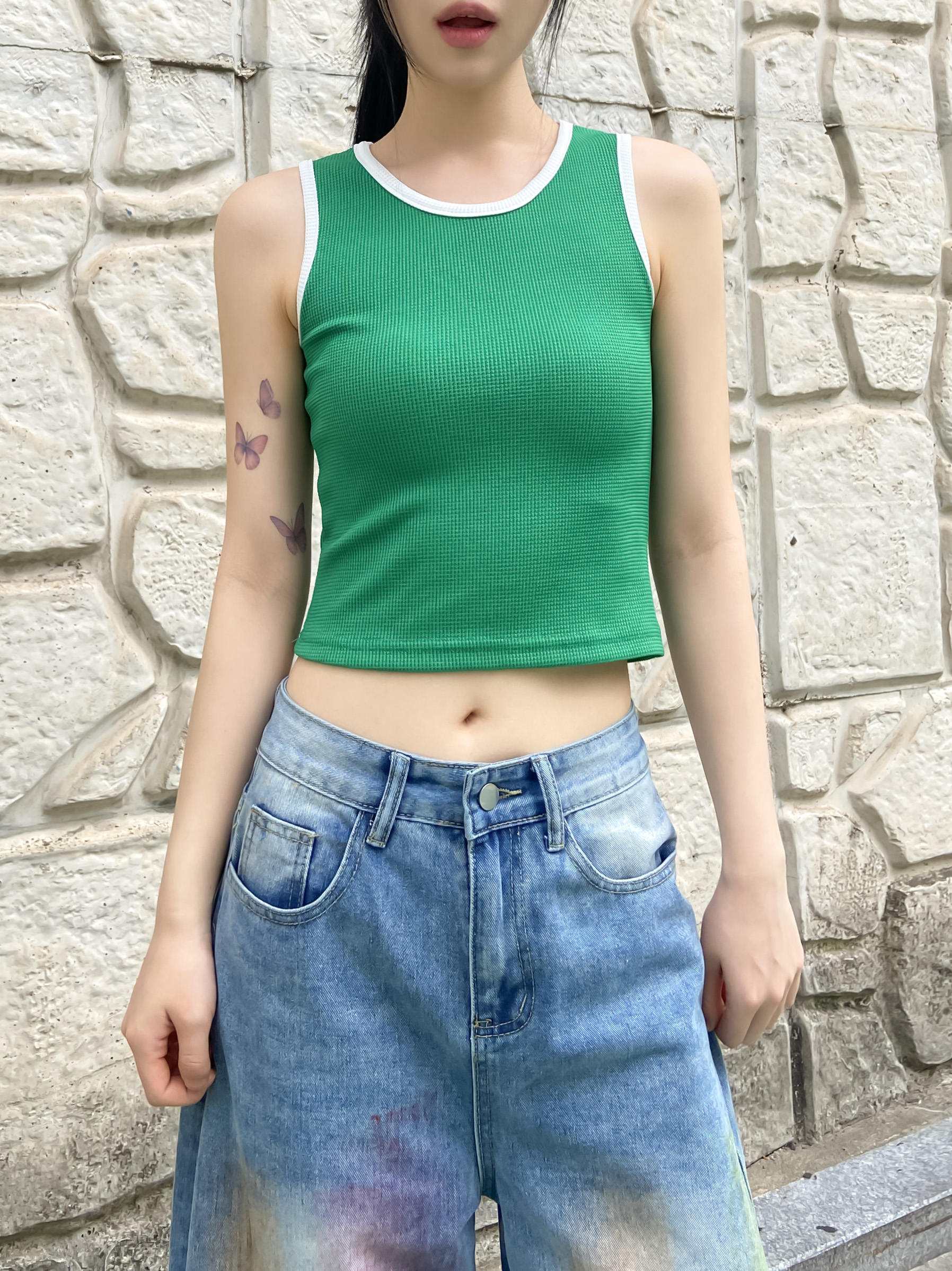 配色ワッフルUネッククロップドタンクトップ | 詳細画像7