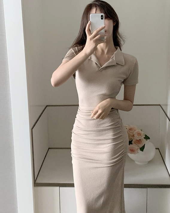 スキッパー半袖シャーリングタイトワンピース | 詳細画像2