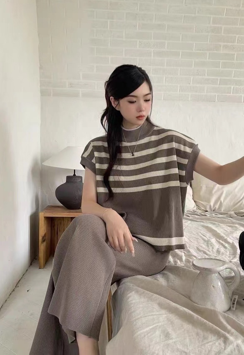 ハーフネックボーダーフレンチニット&ウエストゴムパンツSET | 詳細画像4