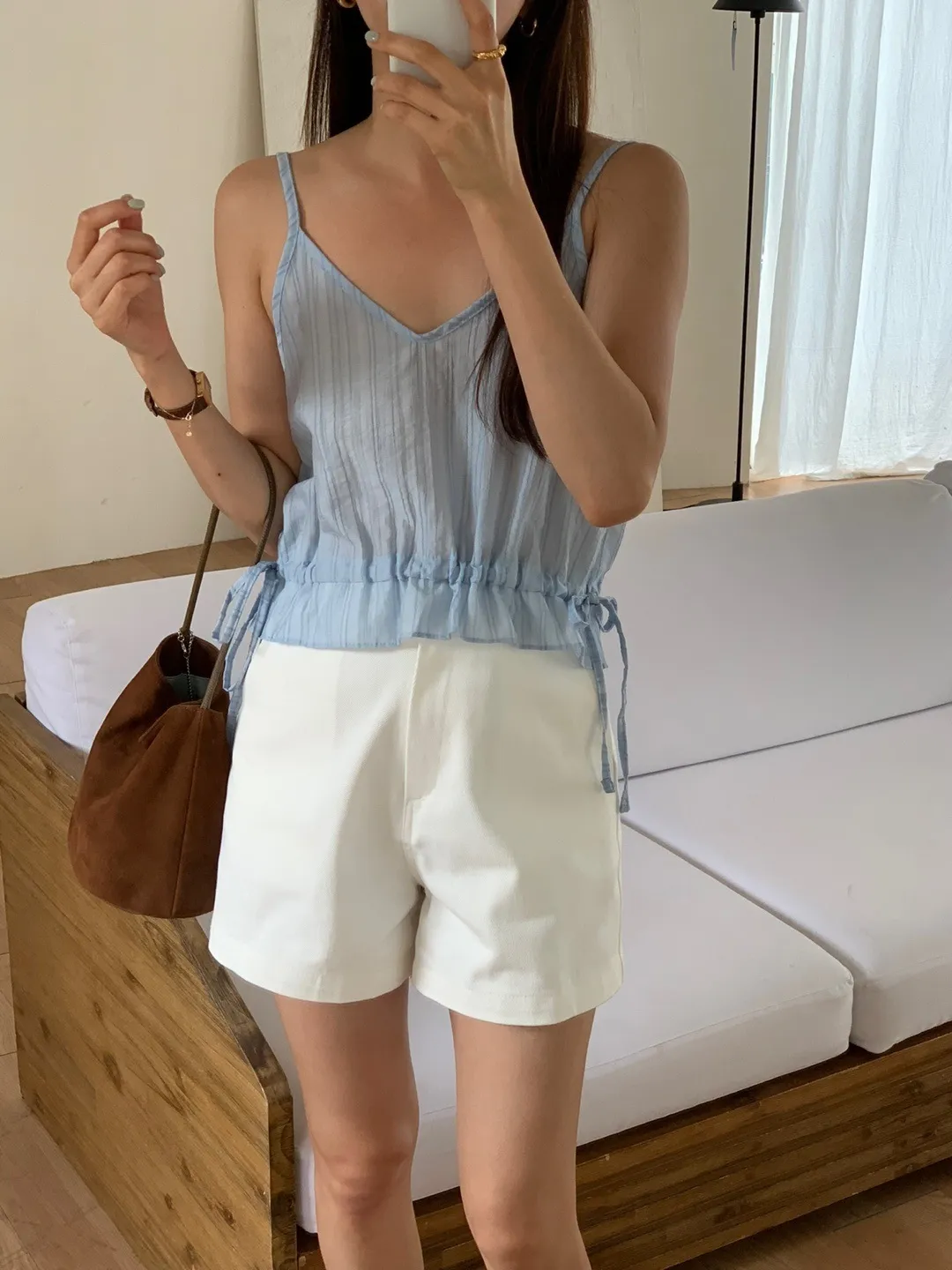 Vネックドロストペプラムストライプキャミブラウス | 詳細画像1