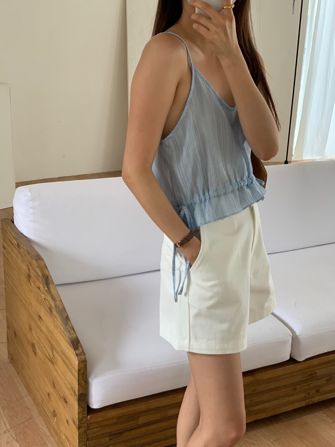 Vネックドロストペプラムストライプキャミブラウス | 詳細画像3