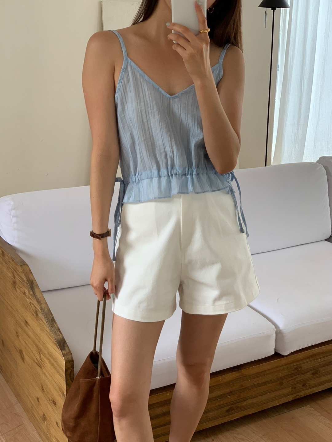 Vネックドロストペプラムストライプキャミブラウス | 詳細画像4