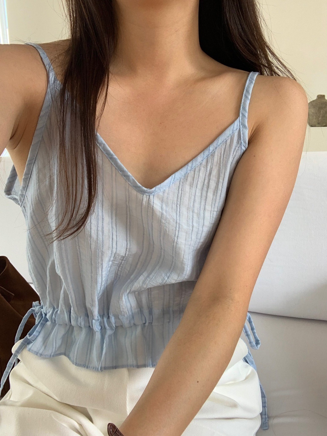 Vネックドロストペプラムストライプキャミブラウス | 詳細画像5