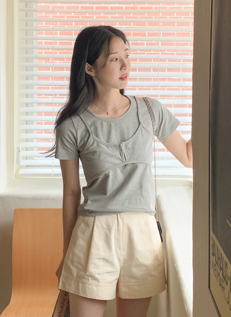 tシャツ ビスチェレイヤード ラメカットソー レディース ≪ツインセット≫フロントZIPラメニットビスチェ×Tシャツ【洗濯