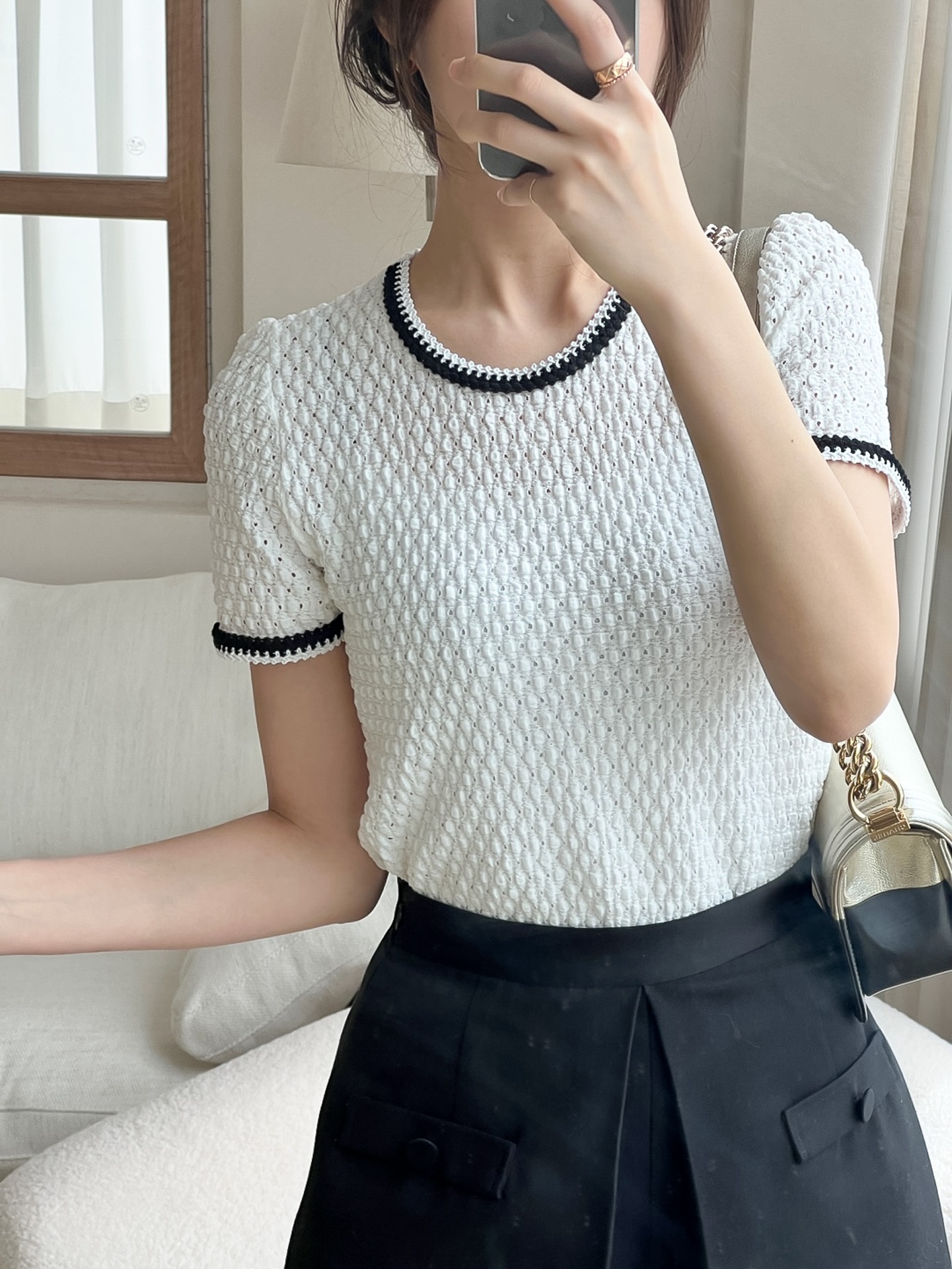 配色ラインエンボスパフ半袖Tシャツ | 詳細画像2