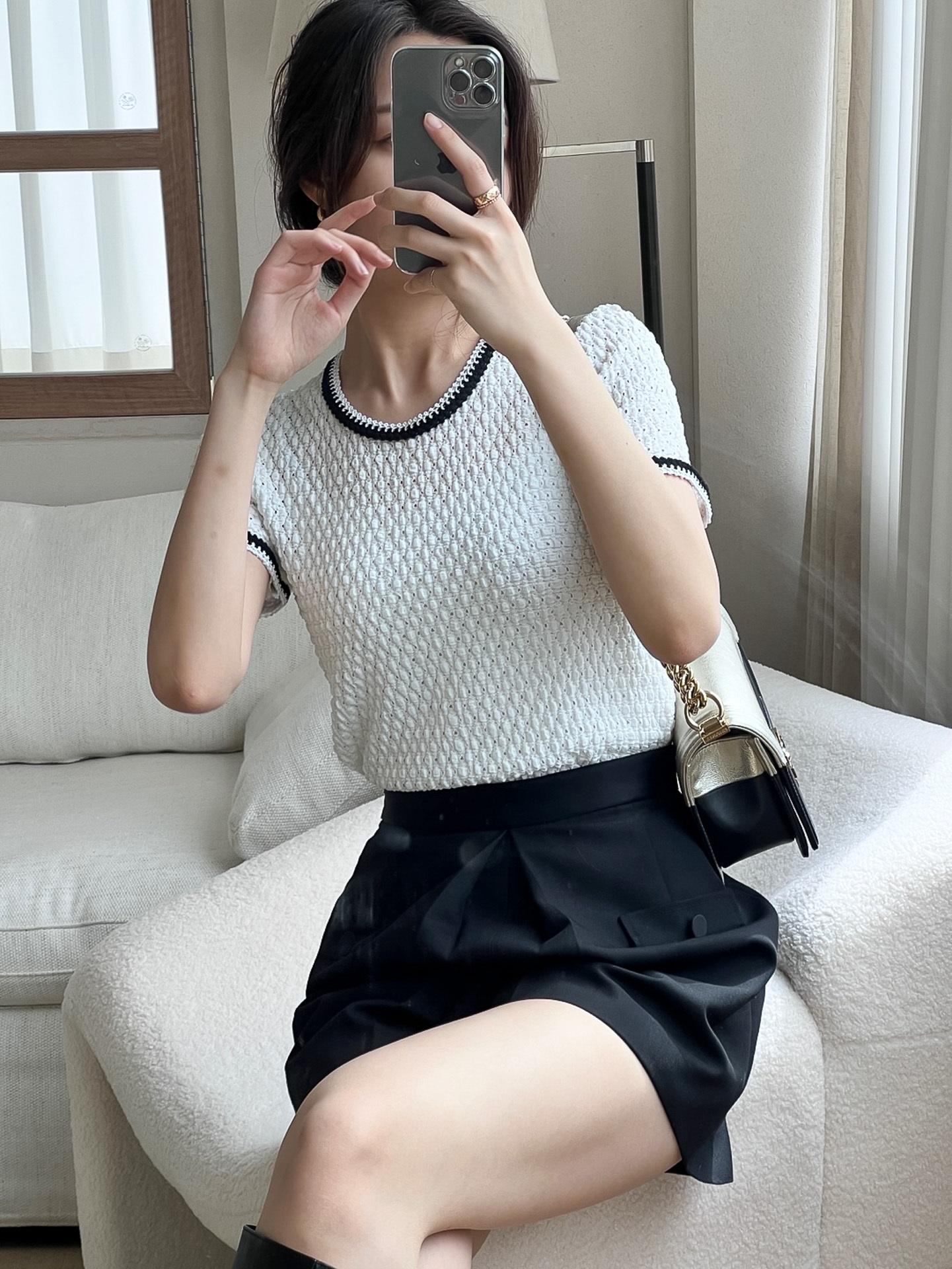 配色ラインエンボスパフ半袖Tシャツ | 詳細画像6